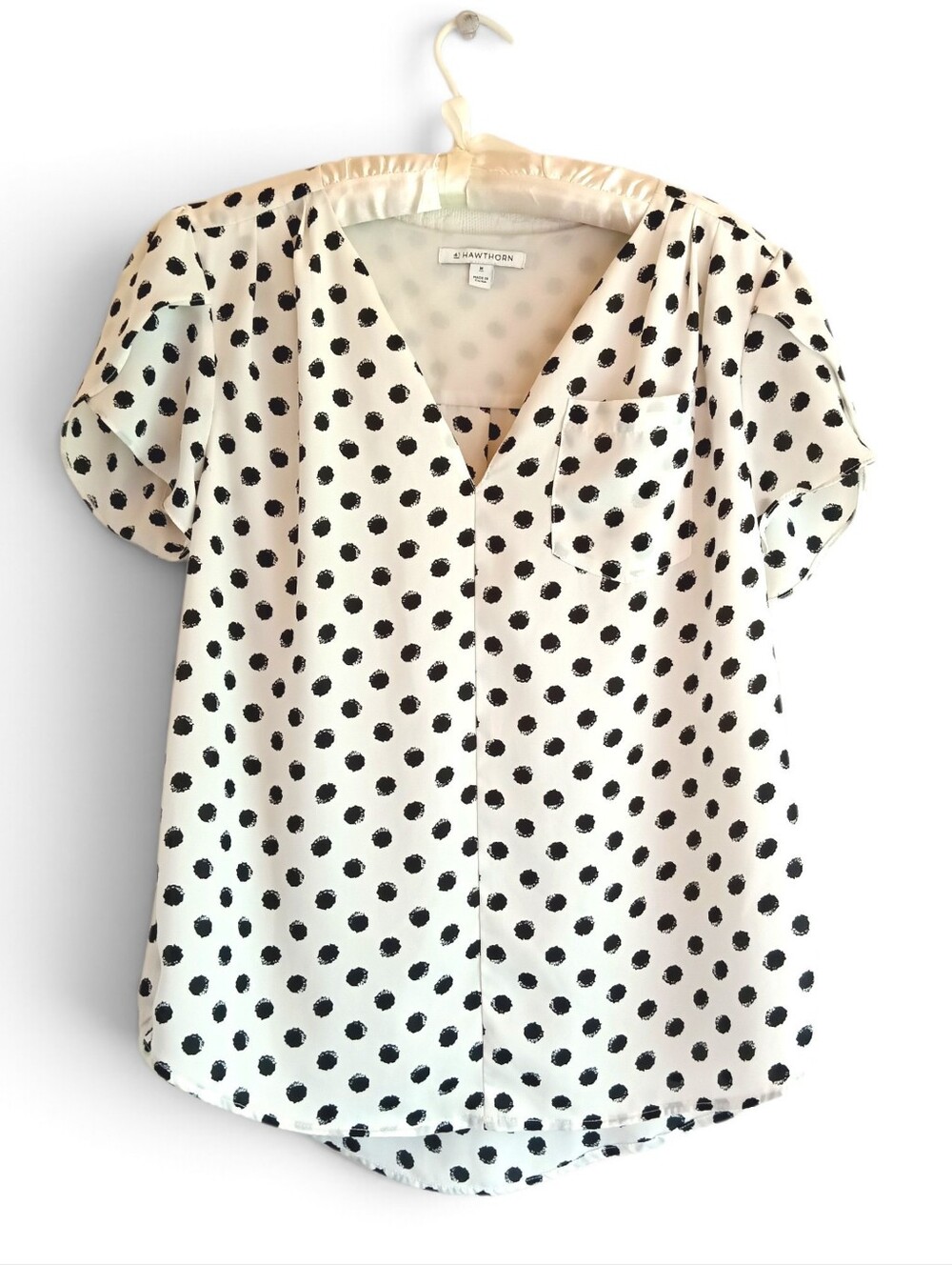 41 Hawthorn Black Polka Dot V-Neck Blouse White Tulip Sleeves Chest Pocket M